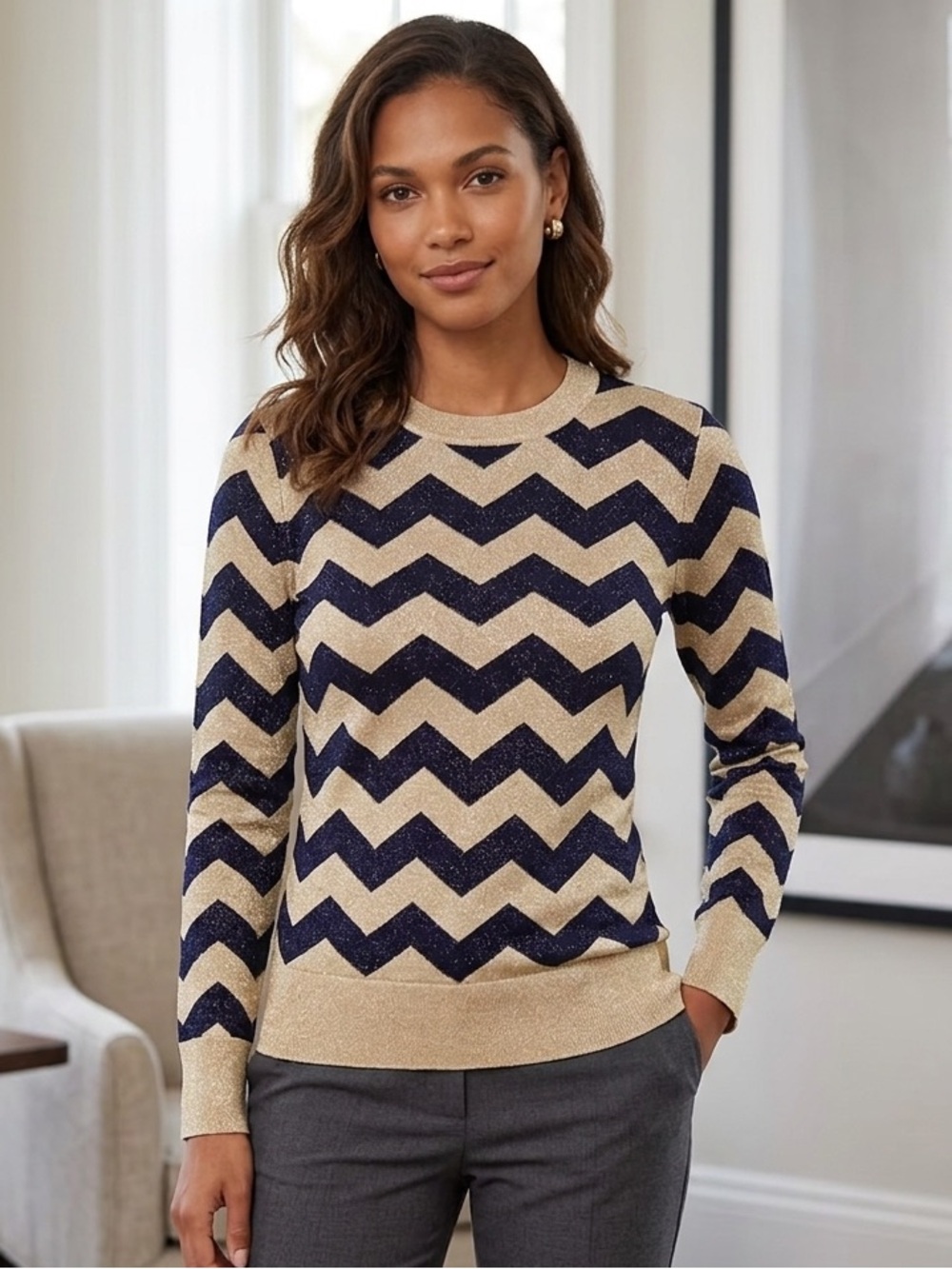 JOOSTRICOT NWOT Zig Zag Lurex Crew Neck in Gold and Purple